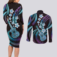 Hawaiian Ukulele Couples Matching Long Sleeve Bodycon Dress and Long Sleeve Button Shirt Amethyst Gradient Fantastic Plumeria LT01 - Polynesian Pride
