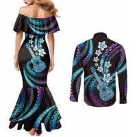 Hawaiian Ukulele Couples Matching Mermaid Dress and Long Sleeve Button Shirt Amethyst Gradient Fantastic Plumeria