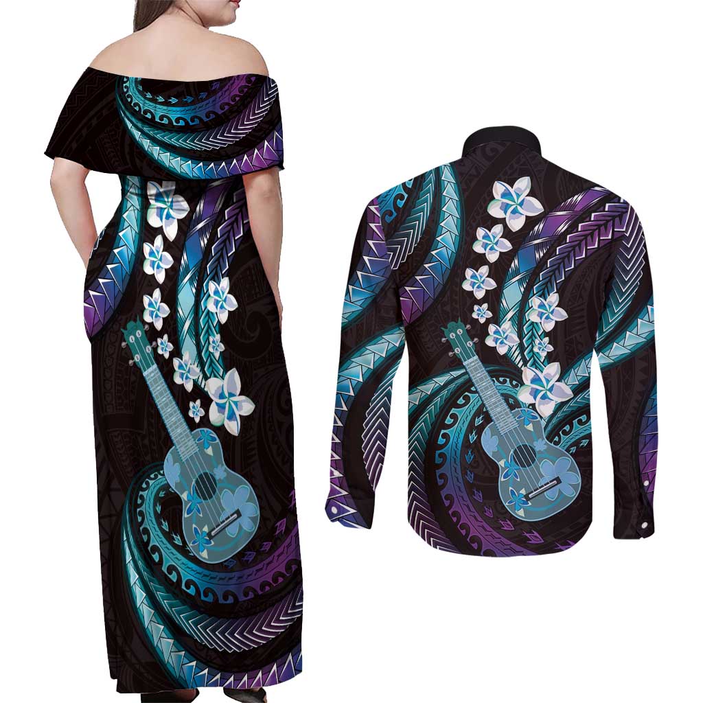Hawaiian Ukulele Couples Matching Off Shoulder Maxi Dress and Long Sleeve Button Shirt Amethyst Gradient Fantastic Plumeria