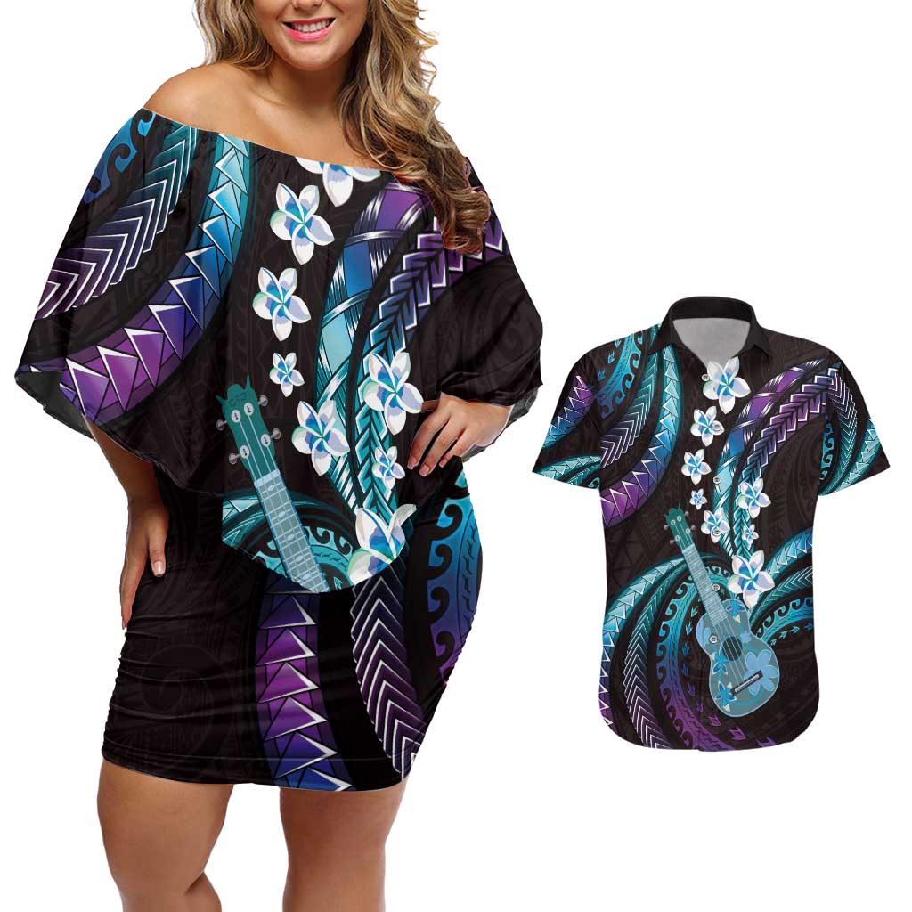 Hawaiian Ukulele Couples Matching Off Shoulder Short Dress and Hawaiian Shirt Amethyst Gradient Fantastic Plumeria LT01 Purple - Polynesian Pride