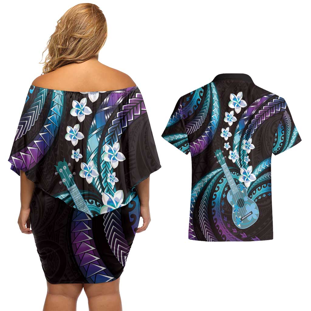 Hawaiian Ukulele Couples Matching Off Shoulder Short Dress and Hawaiian Shirt Amethyst Gradient Fantastic Plumeria LT01 - Polynesian Pride