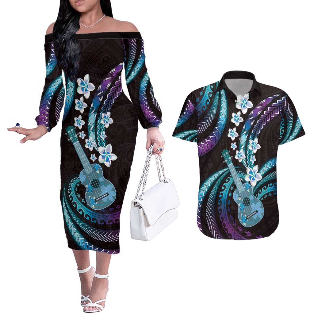 Hawaiian Ukulele Couples Matching Off The Shoulder Long Sleeve Dress and Hawaiian Shirt Amethyst Gradient Fantastic Plumeria LT01 Purple - Polynesian Pride