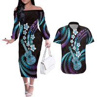 Hawaiian Ukulele Couples Matching Off The Shoulder Long Sleeve Dress and Hawaiian Shirt Amethyst Gradient Fantastic Plumeria LT01 Purple - Polynesian Pride