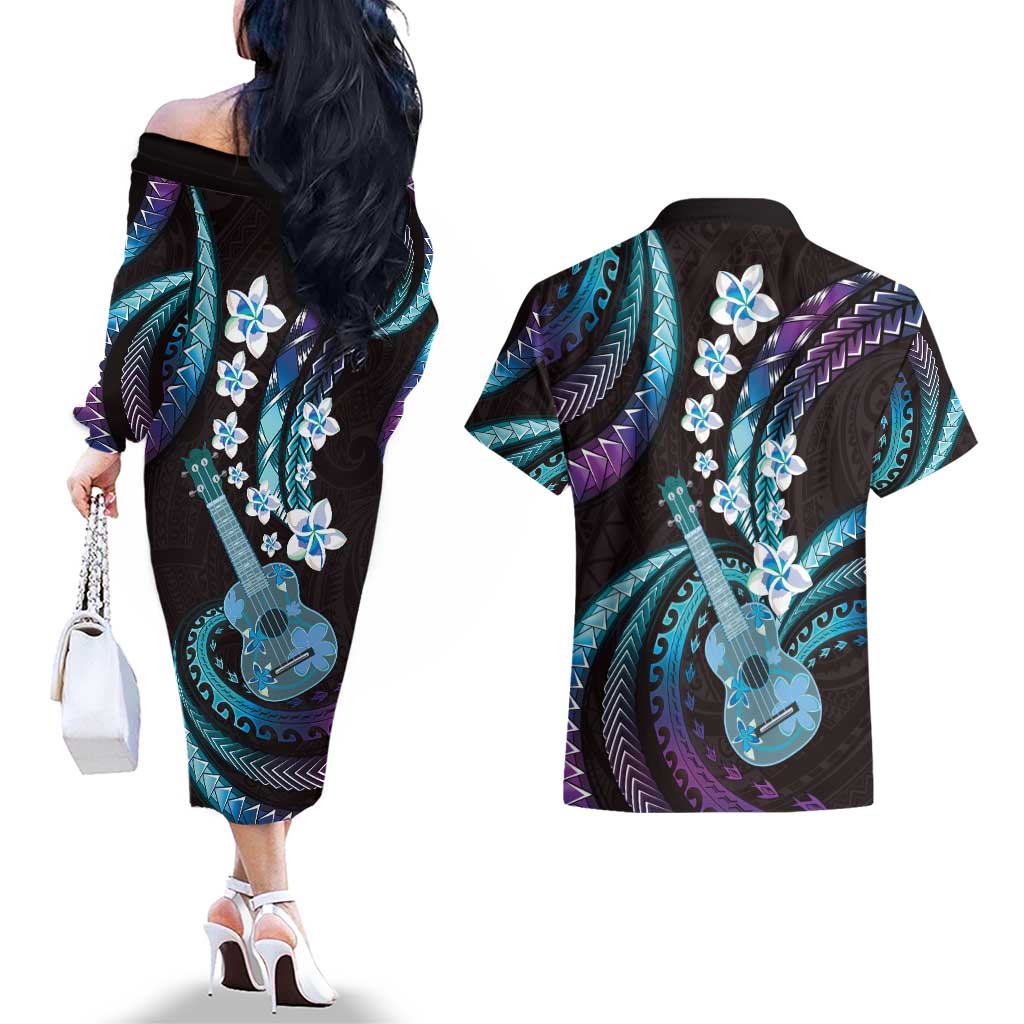 Hawaiian Ukulele Couples Matching Off The Shoulder Long Sleeve Dress and Hawaiian Shirt Amethyst Gradient Fantastic Plumeria LT01 - Polynesian Pride