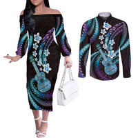 Hawaiian Ukulele Couples Matching Off The Shoulder Long Sleeve Dress and Long Sleeve Button Shirt Amethyst Gradient Fantastic Plumeria LT01 Purple - Polynesian Pride