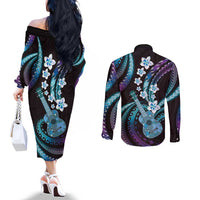 Hawaiian Ukulele Couples Matching Off The Shoulder Long Sleeve Dress and Long Sleeve Button Shirt Amethyst Gradient Fantastic Plumeria LT01 - Polynesian Pride