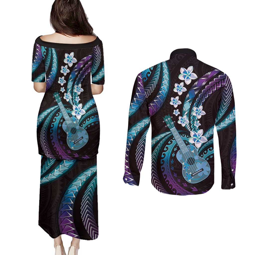 Hawaiian Ukulele Couples Matching Puletasi and Long Sleeve Button Shirt Amethyst Gradient Fantastic Plumeria