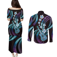 Hawaiian Ukulele Couples Matching Puletasi and Long Sleeve Button Shirt Amethyst Gradient Fantastic Plumeria