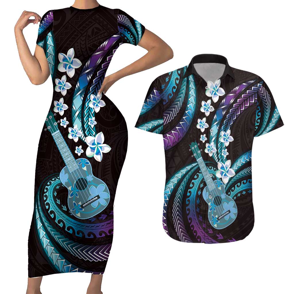 Hawaiian Ukulele Couples Matching Short Sleeve Bodycon Dress and Hawaiian Shirt Amethyst Gradient Fantastic Plumeria LT01 Purple - Polynesian Pride