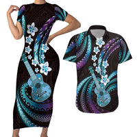 Hawaiian Ukulele Couples Matching Short Sleeve Bodycon Dress and Hawaiian Shirt Amethyst Gradient Fantastic Plumeria LT01 Purple - Polynesian Pride
