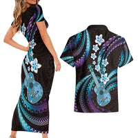Hawaiian Ukulele Couples Matching Short Sleeve Bodycon Dress and Hawaiian Shirt Amethyst Gradient Fantastic Plumeria LT01 - Polynesian Pride