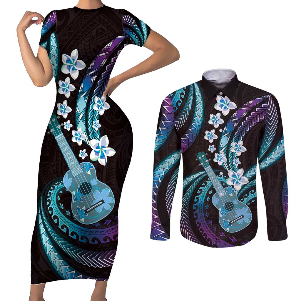 Hawaiian Ukulele Couples Matching Short Sleeve Bodycon Dress and Long Sleeve Button Shirt Amethyst Gradient Fantastic Plumeria LT01 Purple - Polynesian Pride