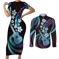 Hawaiian Ukulele Couples Matching Short Sleeve Bodycon Dress and Long Sleeve Button Shirt Amethyst Gradient Fantastic Plumeria LT01 Purple - Polynesian Pride
