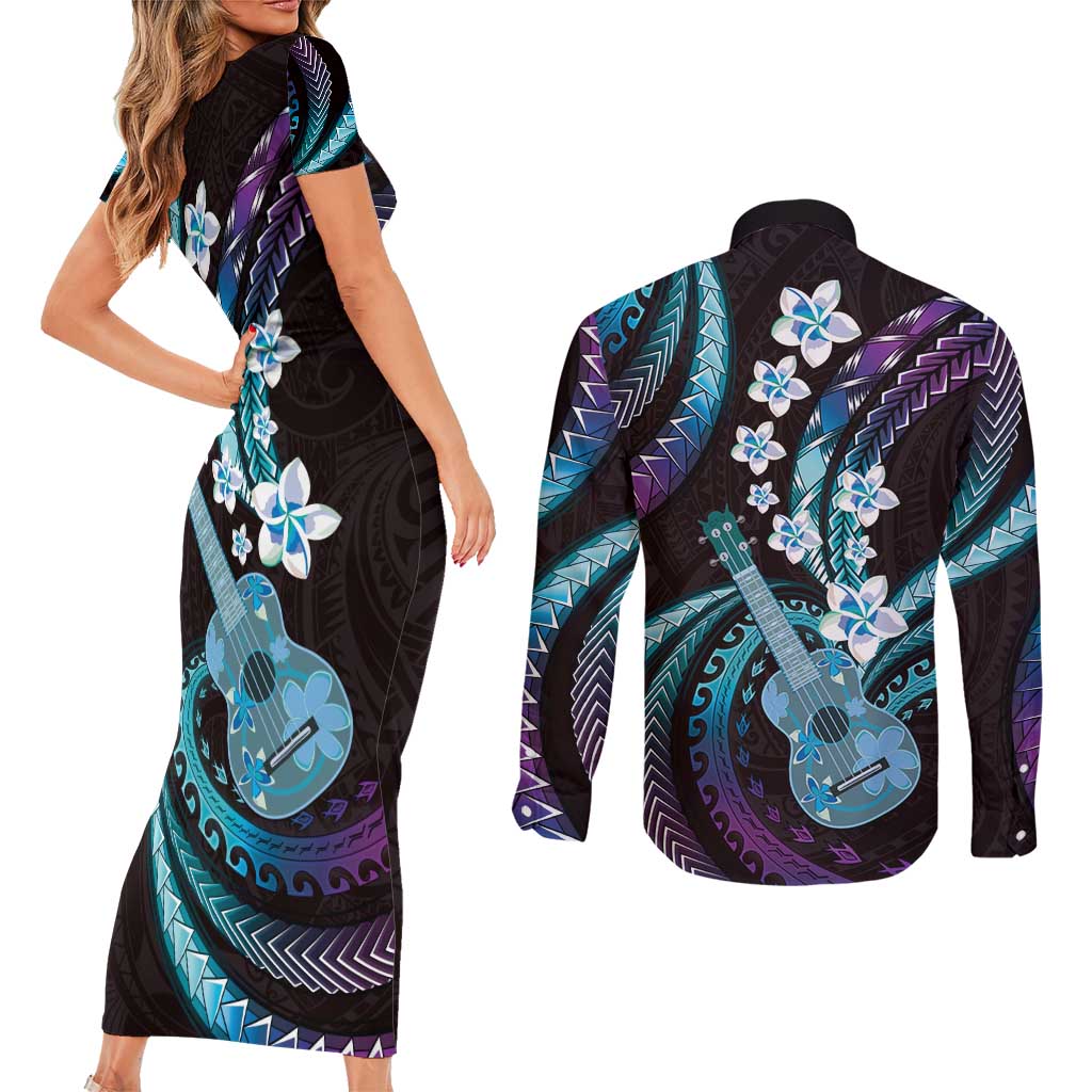 Hawaiian Ukulele Couples Matching Short Sleeve Bodycon Dress and Long Sleeve Button Shirt Amethyst Gradient Fantastic Plumeria LT01 - Polynesian Pride