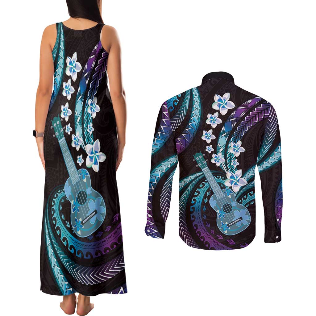 Hawaiian Ukulele Couples Matching Tank Maxi Dress and Long Sleeve Button Shirt Amethyst Gradient Fantastic Plumeria