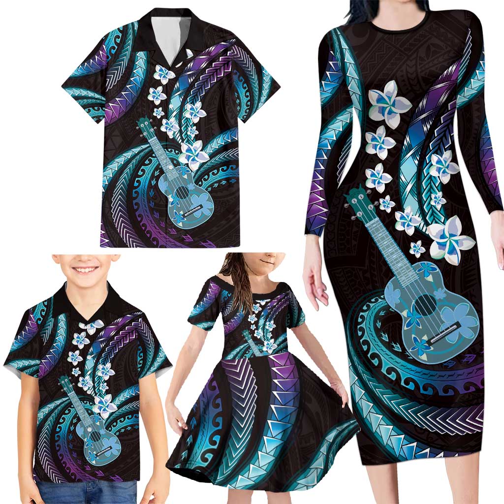 Hawaiian Ukulele Family Matching Long Sleeve Bodycon Dress and Hawaiian Shirt Amethyst Gradient Fantastic Plumeria LT01 - Polynesian Pride