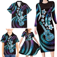 Hawaiian Ukulele Family Matching Long Sleeve Bodycon Dress and Hawaiian Shirt Amethyst Gradient Fantastic Plumeria LT01 - Polynesian Pride