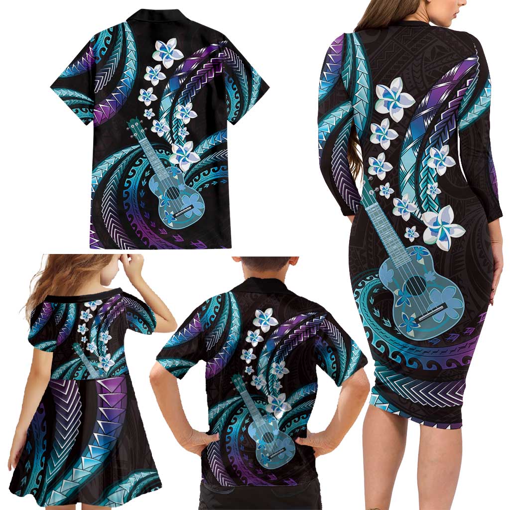 Hawaiian Ukulele Family Matching Long Sleeve Bodycon Dress and Hawaiian Shirt Amethyst Gradient Fantastic Plumeria LT01 - Polynesian Pride
