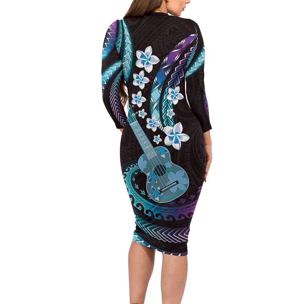 Hawaiian Ukulele Family Matching Long Sleeve Bodycon Dress and Hawaiian Shirt Amethyst Gradient Fantastic Plumeria LT01 - Polynesian Pride