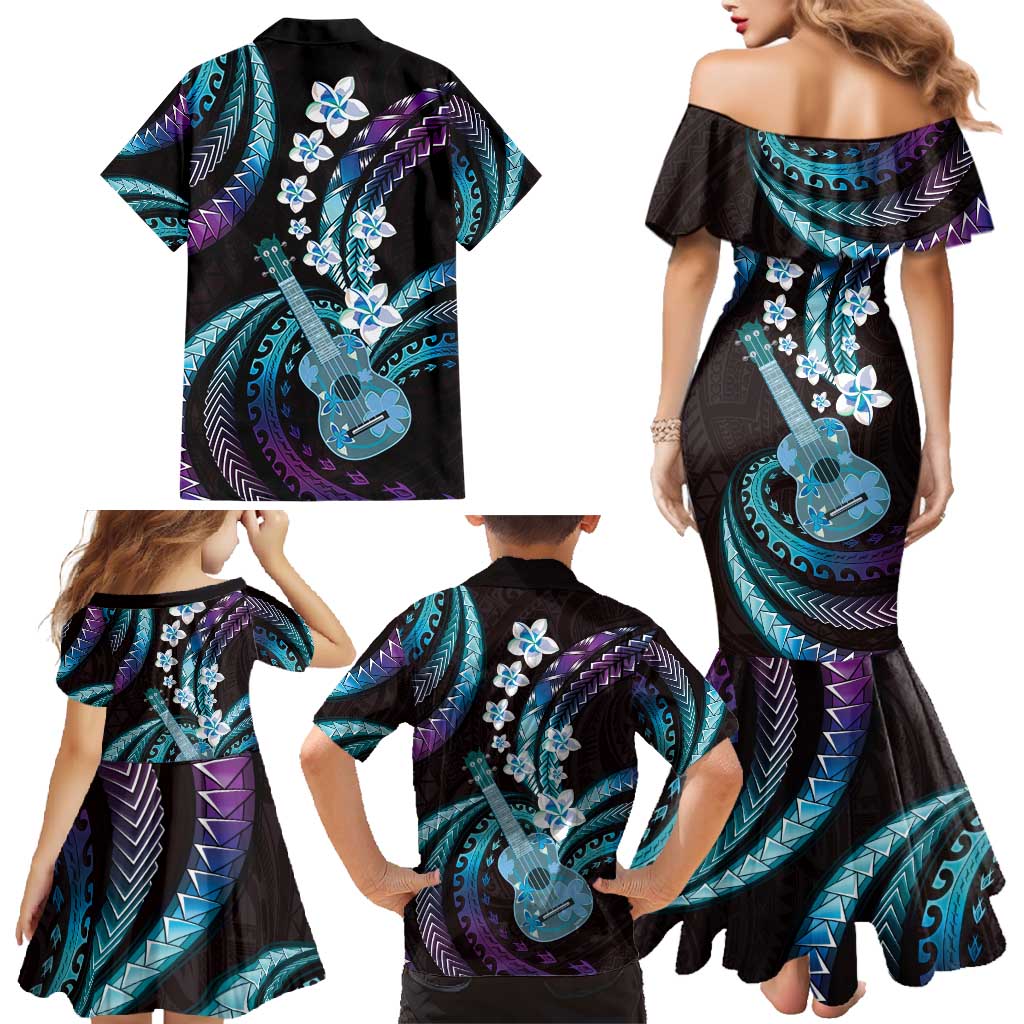 Hawaiian Ukulele Family Matching Mermaid Dress and Hawaiian Shirt Amethyst Gradient Fantastic Plumeria LT01 - Polynesian Pride