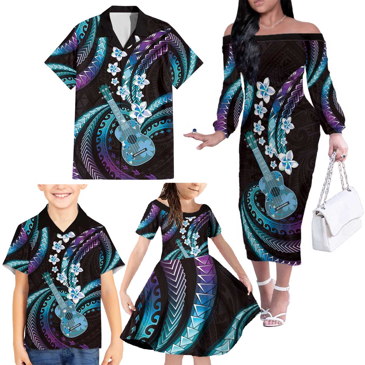 Hawaiian Ukulele Family Matching Off The Shoulder Long Sleeve Dress and Hawaiian Shirt Amethyst Gradient Fantastic Plumeria LT01 - Polynesian Pride