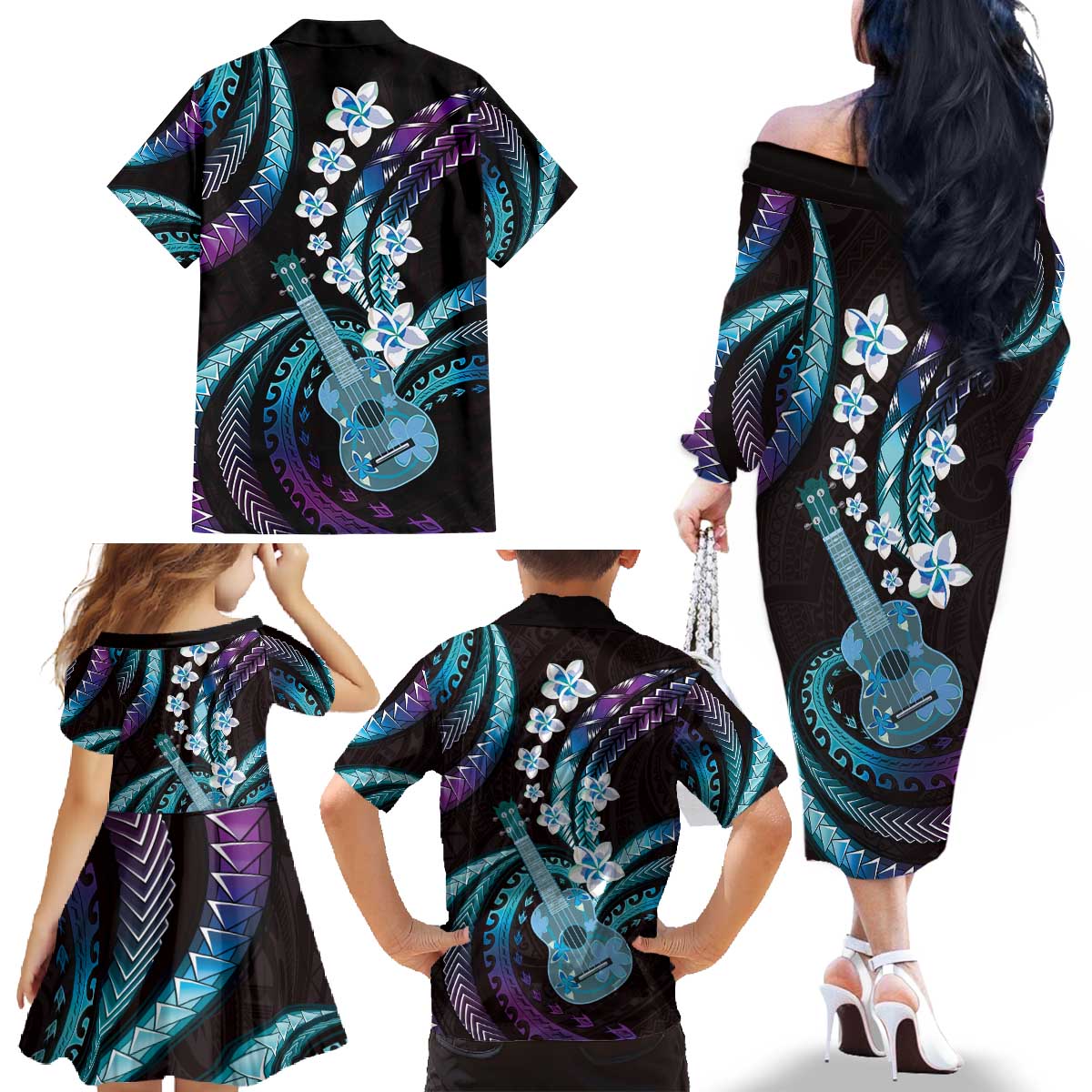 Hawaiian Ukulele Family Matching Off The Shoulder Long Sleeve Dress and Hawaiian Shirt Amethyst Gradient Fantastic Plumeria LT01 - Polynesian Pride