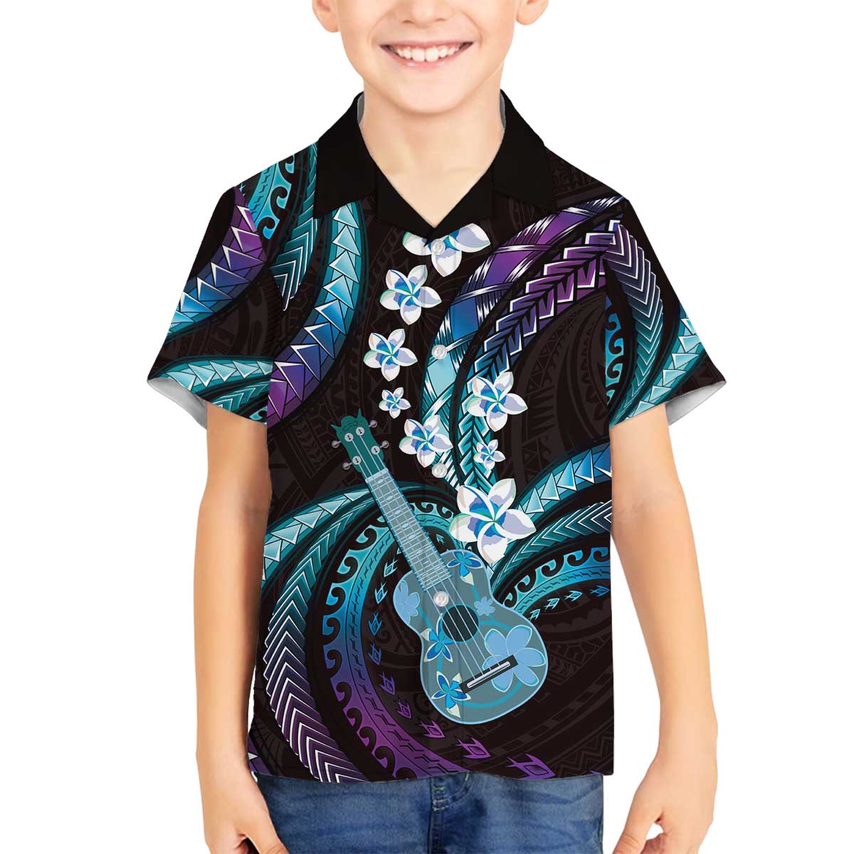 Hawaiian Ukulele Family Matching Off The Shoulder Long Sleeve Dress and Hawaiian Shirt Amethyst Gradient Fantastic Plumeria LT01 Son's Shirt Purple - Polynesian Pride