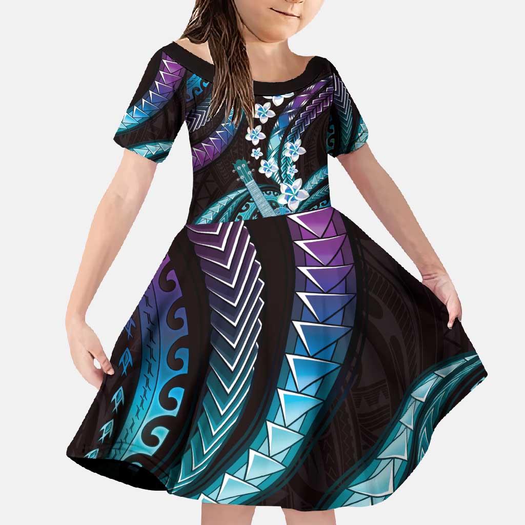 Hawaiian Ukulele Family Matching Off Shoulder Maxi Dress and Hawaiian Shirt Amethyst Gradient Fantastic Plumeria LT01 Daughter's Dress Purple - Polynesian Pride