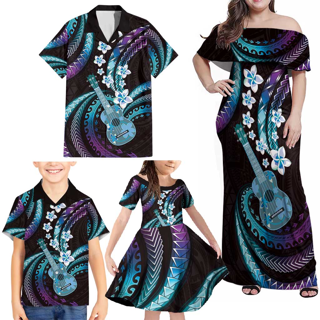 Hawaiian Ukulele Family Matching Off Shoulder Maxi Dress and Hawaiian Shirt Amethyst Gradient Fantastic Plumeria LT01 - Polynesian Pride