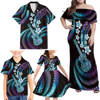 Hawaiian Ukulele Family Matching Off Shoulder Maxi Dress and Hawaiian Shirt Amethyst Gradient Fantastic Plumeria LT01 - Polynesian Pride