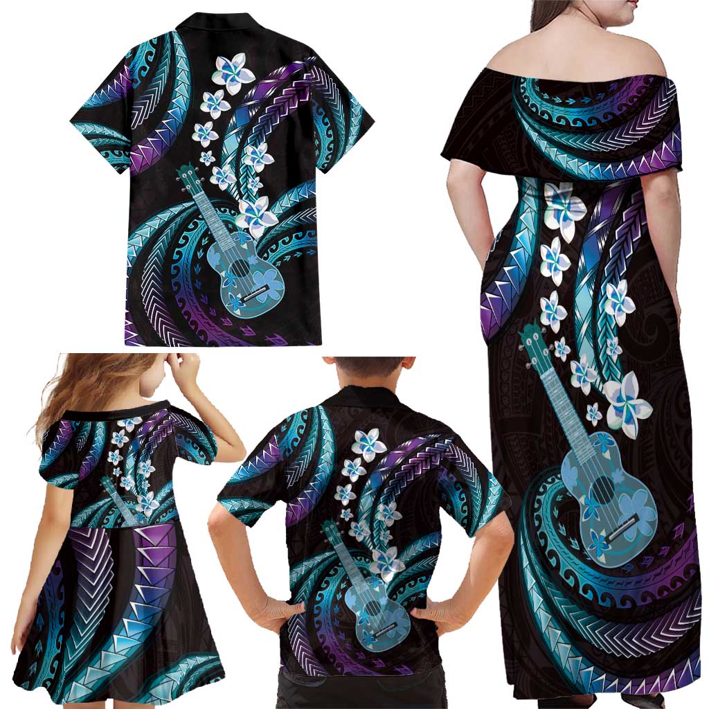 Hawaiian Ukulele Family Matching Off Shoulder Maxi Dress and Hawaiian Shirt Amethyst Gradient Fantastic Plumeria LT01 - Polynesian Pride