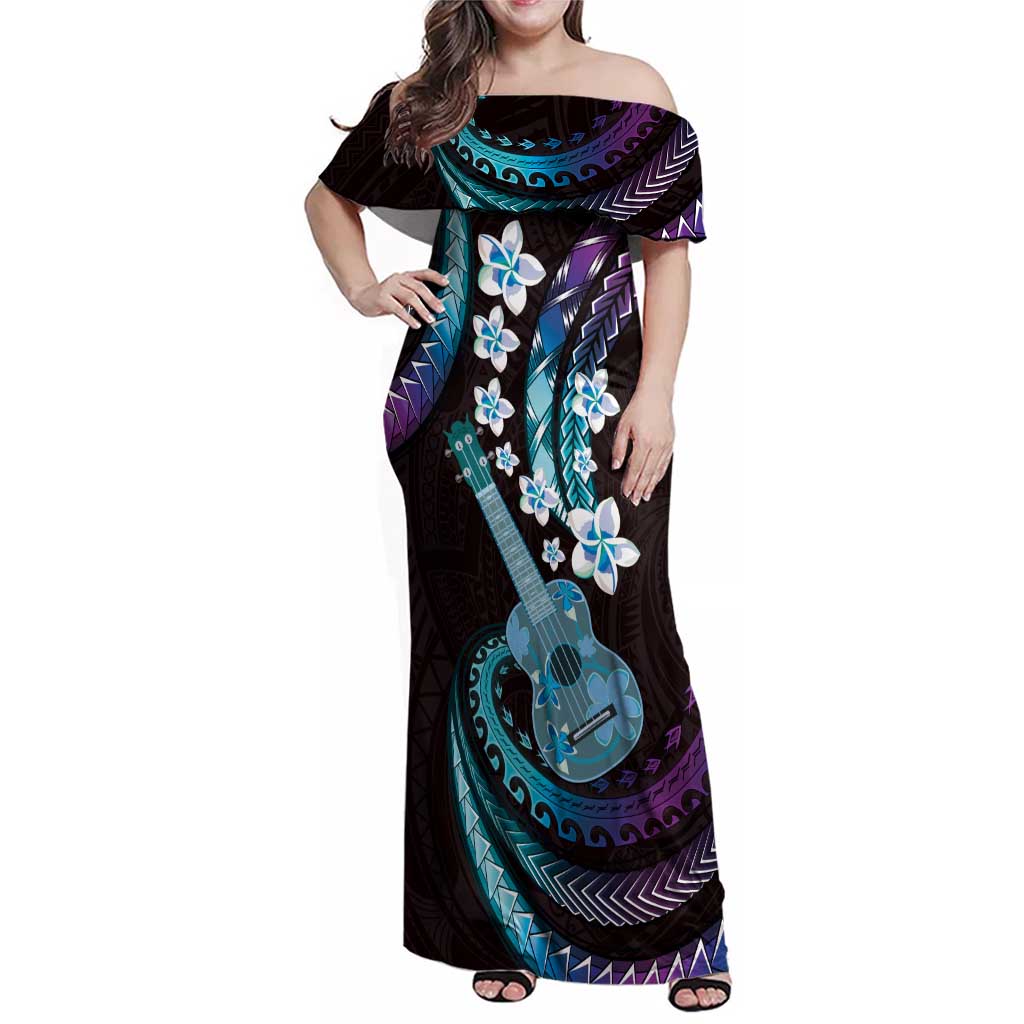 Hawaiian Ukulele Family Matching Off Shoulder Maxi Dress and Hawaiian Shirt Amethyst Gradient Fantastic Plumeria LT01 Mom's Dress Purple - Polynesian Pride