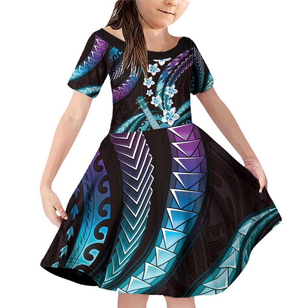 Hawaiian Ukulele Family Matching Off Shoulder Short Dress and Hawaiian Shirt Amethyst Gradient Fantastic Plumeria LT01 Daughter's Dress Purple - Polynesian Pride