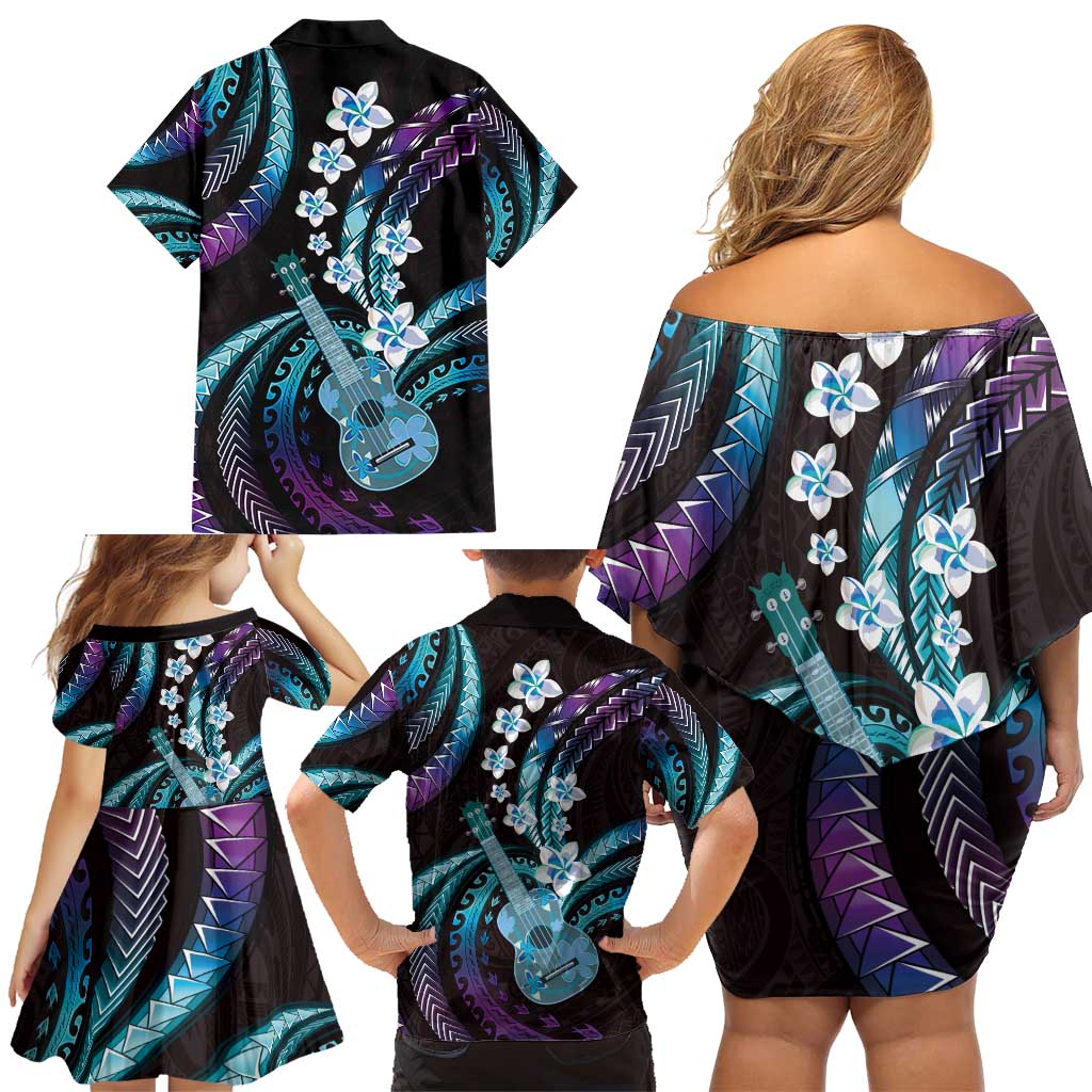 Hawaiian Ukulele Family Matching Off Shoulder Short Dress and Hawaiian Shirt Amethyst Gradient Fantastic Plumeria LT01 - Polynesian Pride