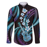 Hawaiian Ukulele Family Matching Off Shoulder Short Dress and Hawaiian Shirt Amethyst Gradient Fantastic Plumeria LT01 Dad's Shirt - Long Sleeve Purple - Polynesian Pride