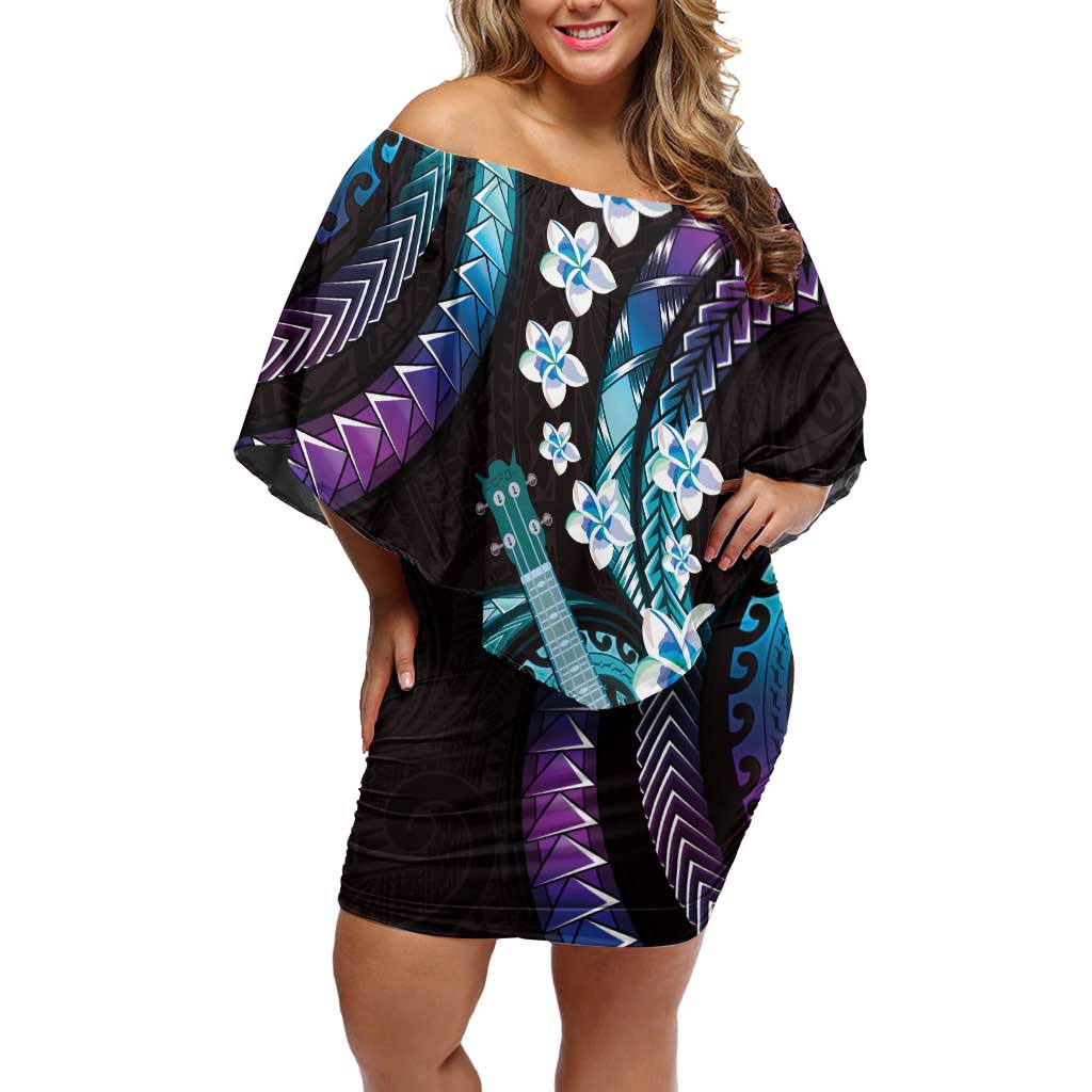 Hawaiian Ukulele Family Matching Off Shoulder Short Dress and Hawaiian Shirt Amethyst Gradient Fantastic Plumeria LT01 Mom's Dress Purple - Polynesian Pride