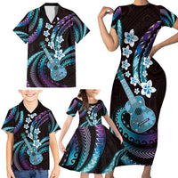 Hawaiian Ukulele Family Matching Short Sleeve Bodycon Dress and Hawaiian Shirt Amethyst Gradient Fantastic Plumeria LT01 - Polynesian Pride