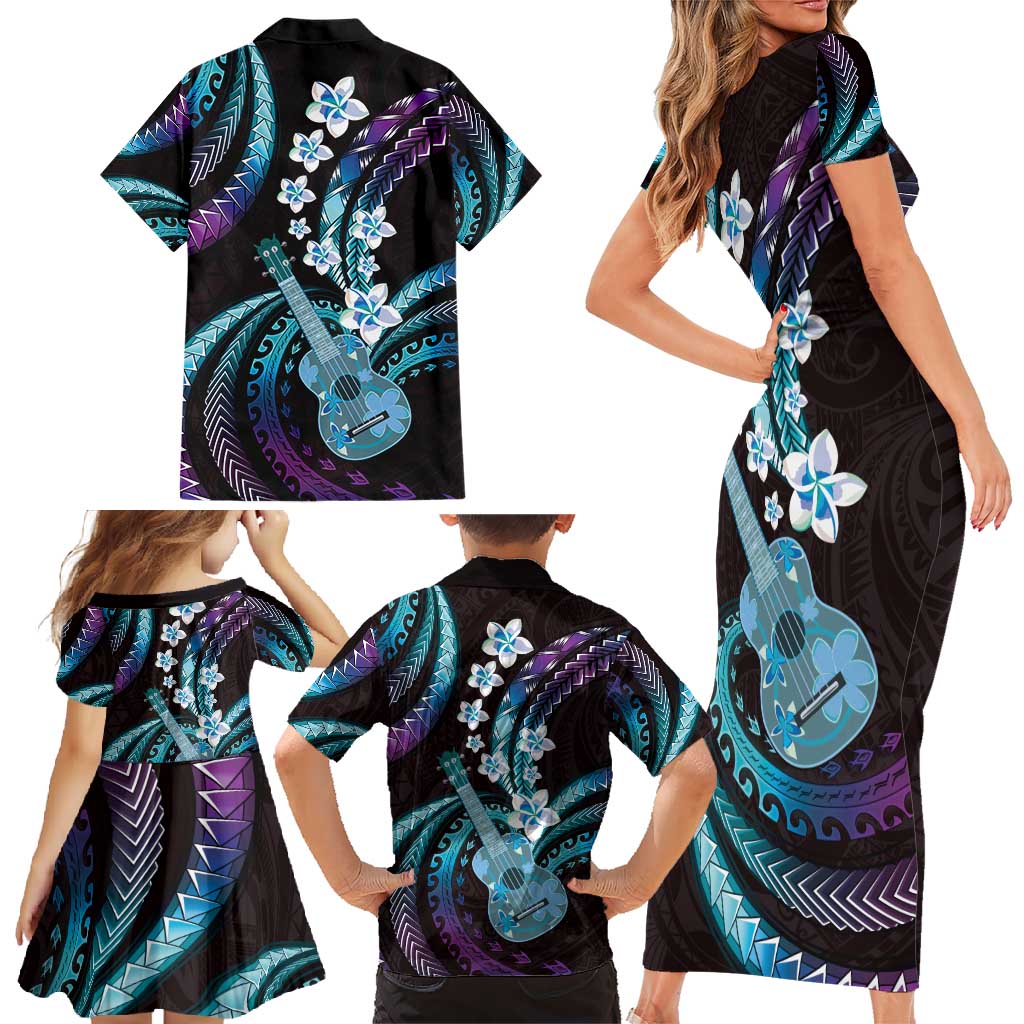Hawaiian Ukulele Family Matching Short Sleeve Bodycon Dress and Hawaiian Shirt Amethyst Gradient Fantastic Plumeria LT01 - Polynesian Pride