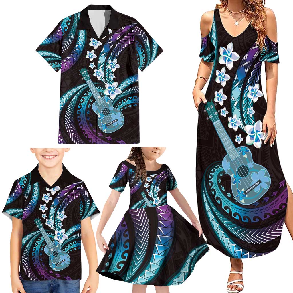 Hawaiian Ukulele Family Matching Summer Maxi Dress and Hawaiian Shirt Amethyst Gradient Fantastic Plumeria LT01 - Polynesian Pride