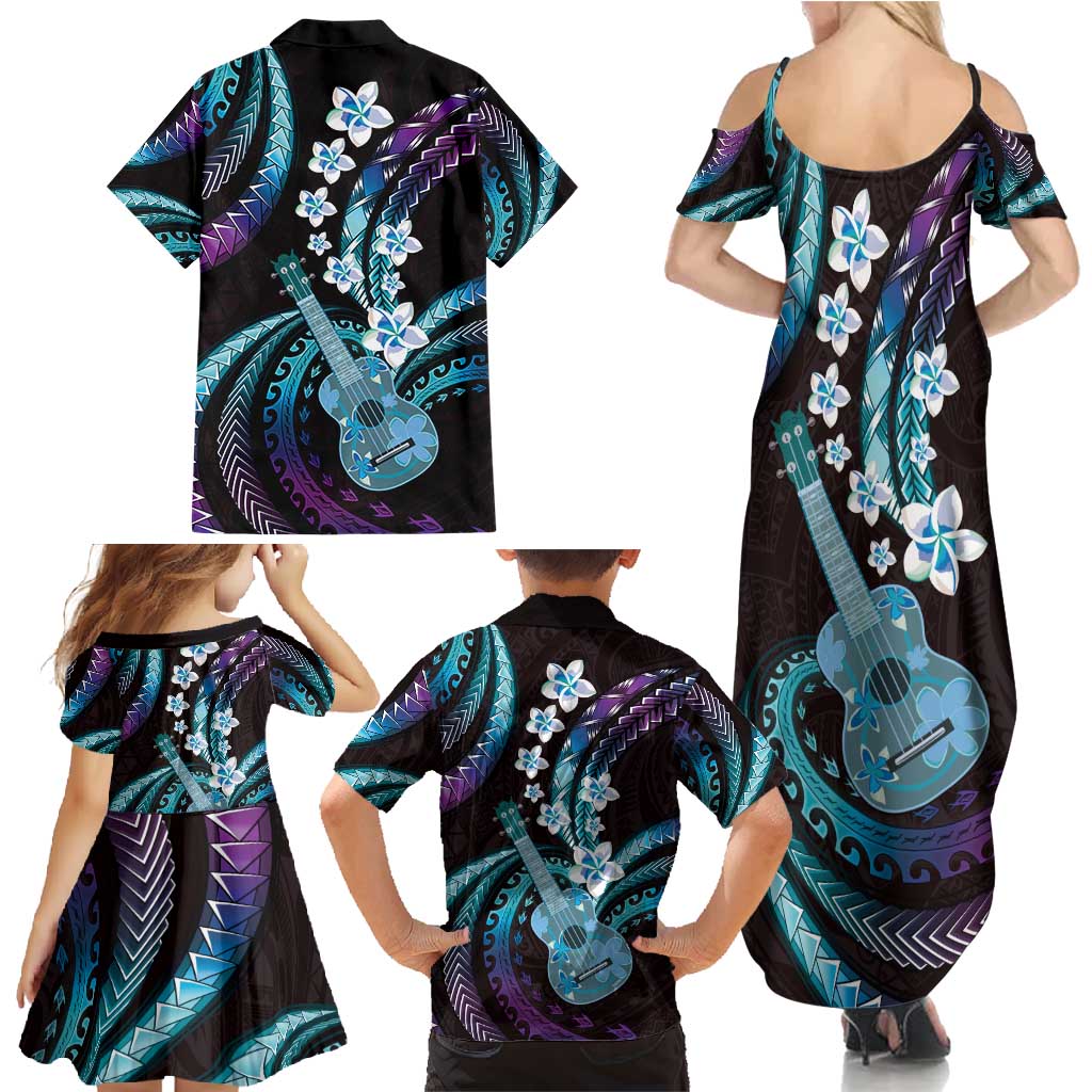 Hawaiian Ukulele Family Matching Summer Maxi Dress and Hawaiian Shirt Amethyst Gradient Fantastic Plumeria LT01 - Polynesian Pride