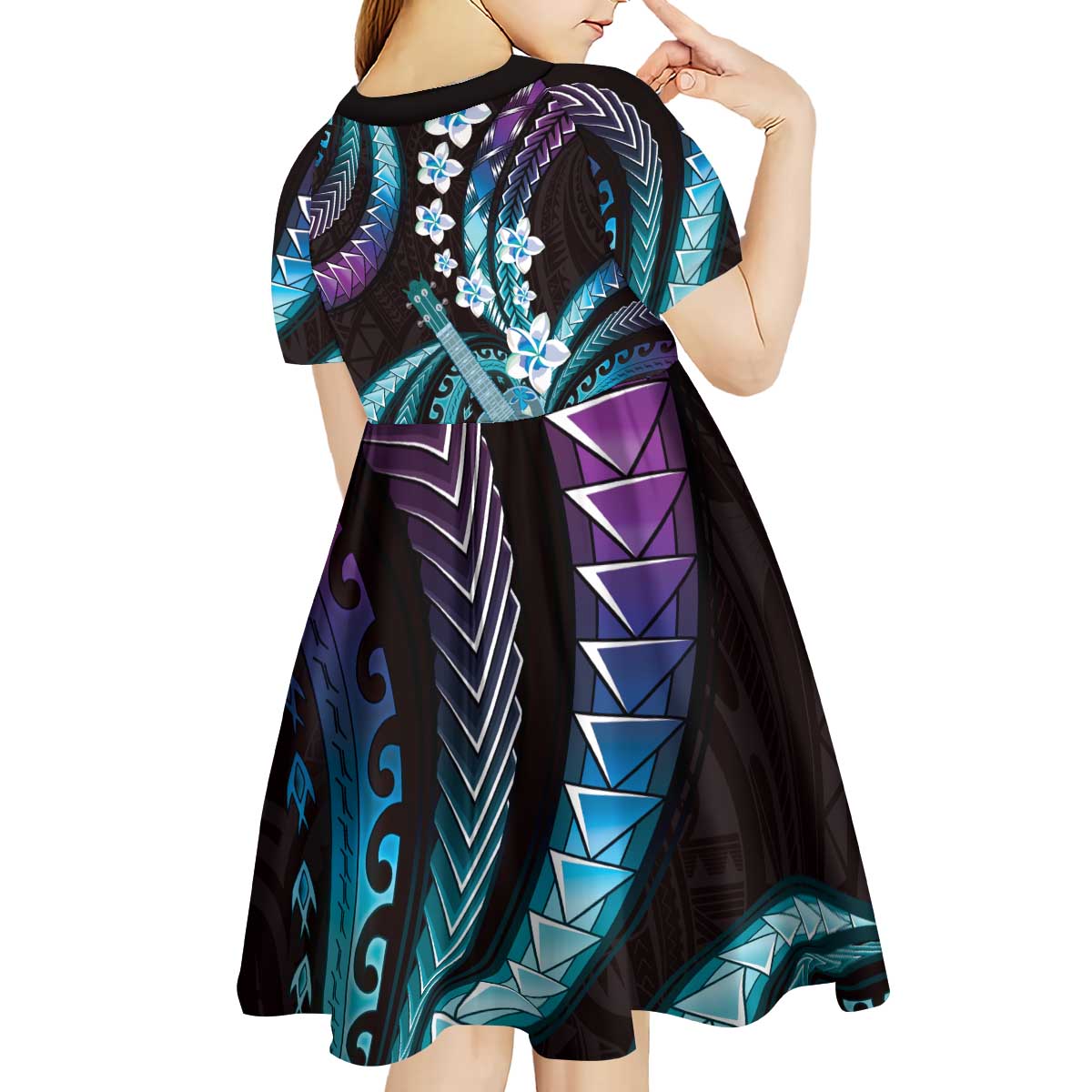 Hawaiian Ukulele Kid Short Sleeve Dress Amethyst Gradient Fantastic Plumeria