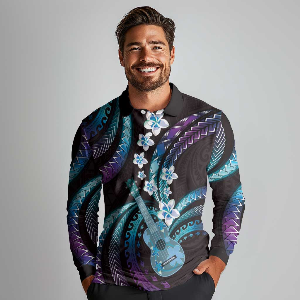 Hawaiian Ukulele Long Sleeve Polo Shirt Amethyst Gradient Fantastic Plumeria