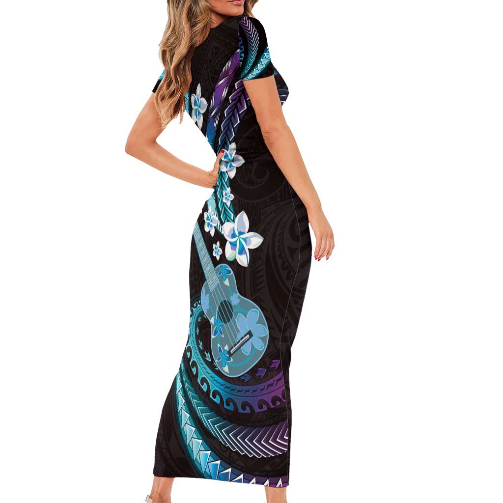 Hawaiian Ukulele Short Sleeve Bodycon Dress Amethyst Gradient Fantastic Plumeria