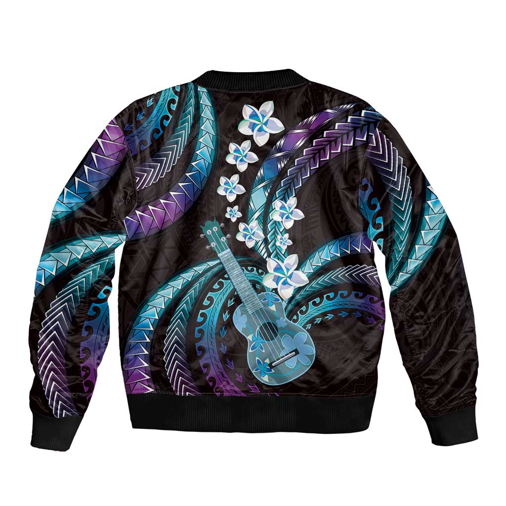 Hawaiian Ukulele Sleeve Zip Bomber Jacket Amethyst Gradient Fantastic Plumeria