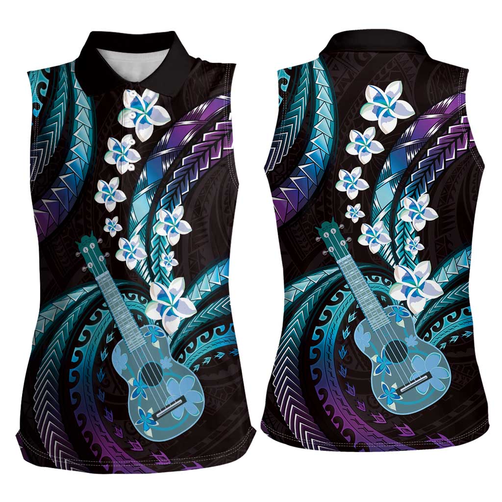 Hawaiian Ukulele Women Sleeveless Polo Shirt Amethyst Gradient Fantastic Plumeria