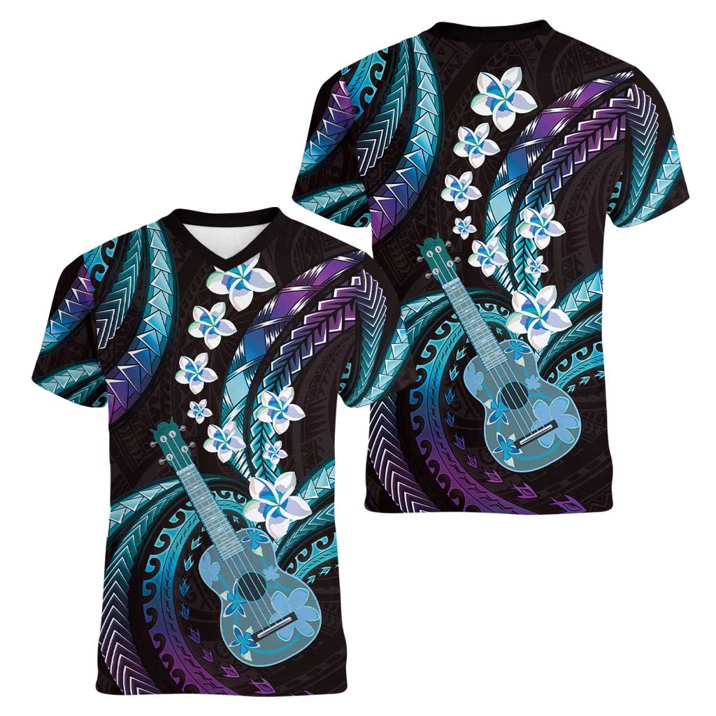 Hawaiian Ukulele Women V-Neck T-Shirt Amethyst Gradient Fantastic Plumeria