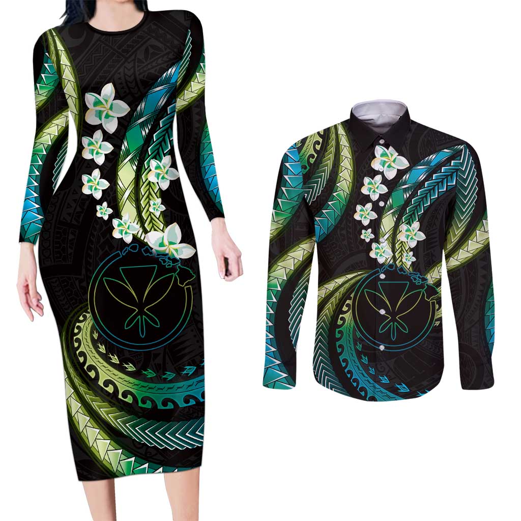 Hawaii Map Kanaka Maoli Couples Matching Long Sleeve Bodycon Dress and Long Sleeve Button Shirt Fantastic Frangipani Chartreuse Cyan LT01 Cyan - Polynesian Pride
