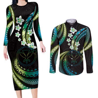 Hawaii Map Kanaka Maoli Couples Matching Long Sleeve Bodycon Dress and Long Sleeve Button Shirt Fantastic Frangipani Chartreuse Cyan LT01 Cyan - Polynesian Pride