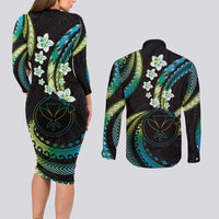Hawaii Map Kanaka Maoli Couples Matching Long Sleeve Bodycon Dress and Long Sleeve Button Shirt Fantastic Frangipani Chartreuse Cyan LT01 - Polynesian Pride