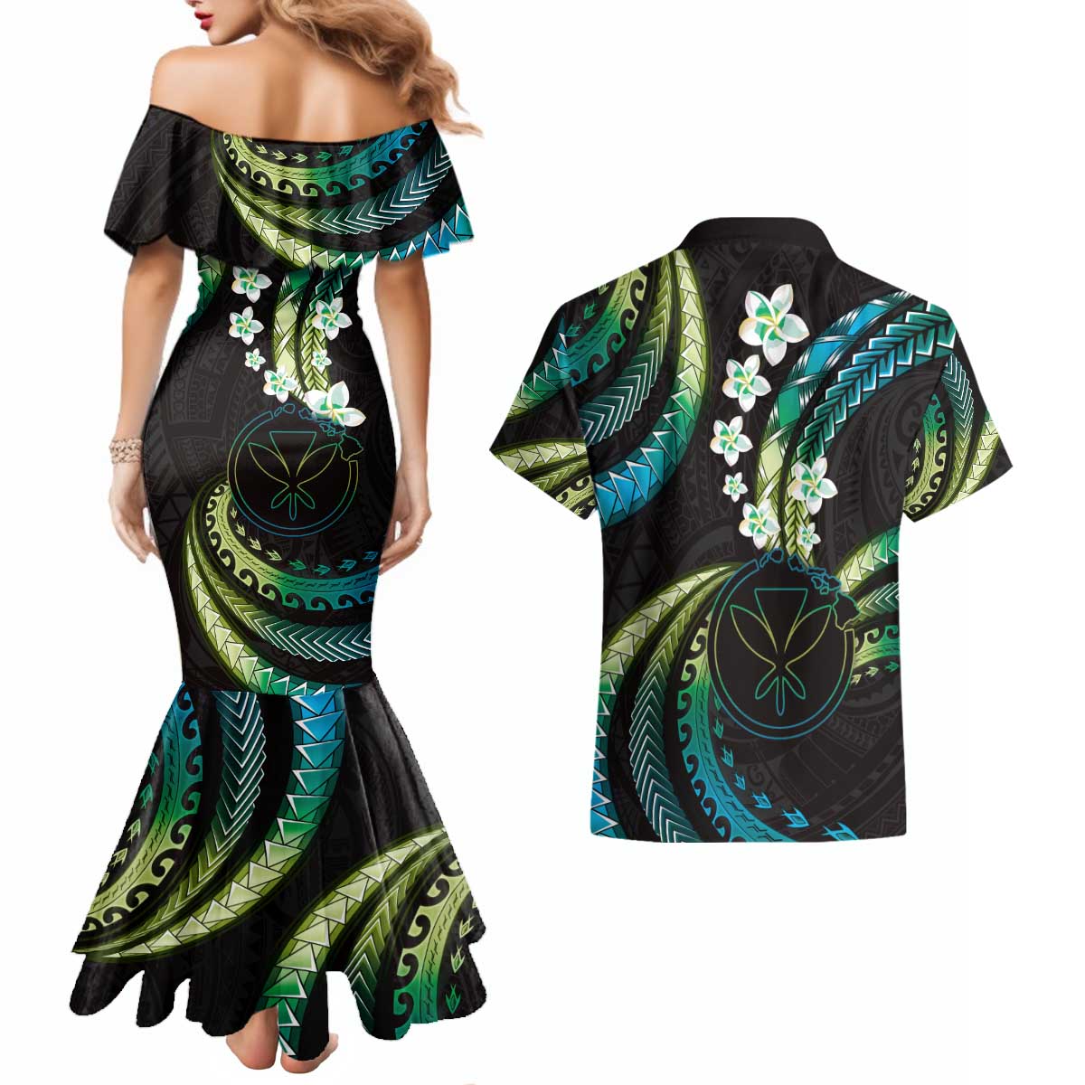 Hawaii Map Kanaka Maoli Couples Matching Mermaid Dress and Hawaiian Shirt Fantastic Frangipani Chartreuse Cyan LT01 - Polynesian Pride